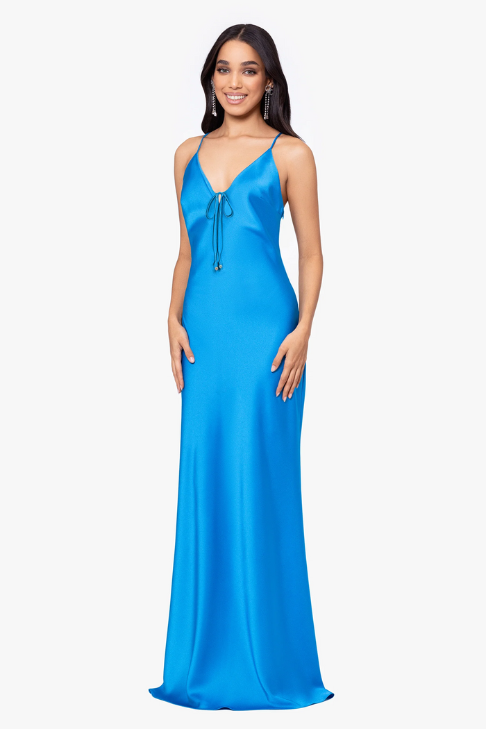 Betsy and Adam Long Satin "Jen" Dress A26489