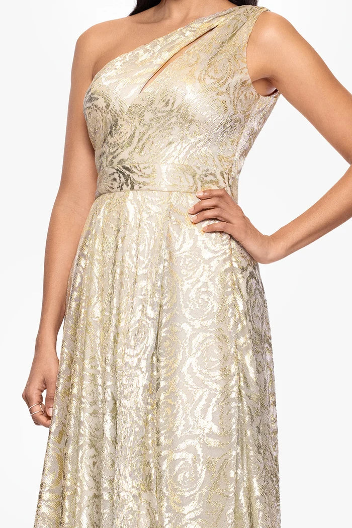 Betsy and Adam "Mariah" Metallic Foil Knit One Shoulder Dress A27193