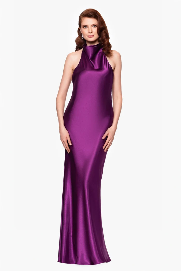 Betsy and Adam "Shannon" Halter Necktie Satin Maxi Dress A26454