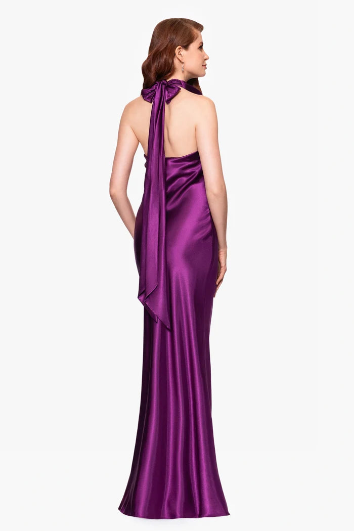 Betsy and Adam "Shannon" Halter Necktie Satin Maxi Dress A26454