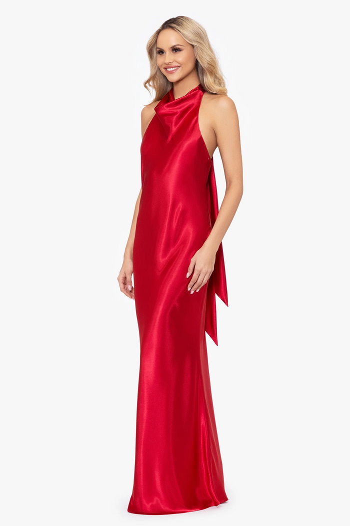 Betsy and Adam "Shannon" Halter Necktie Satin Maxi Dress A26454