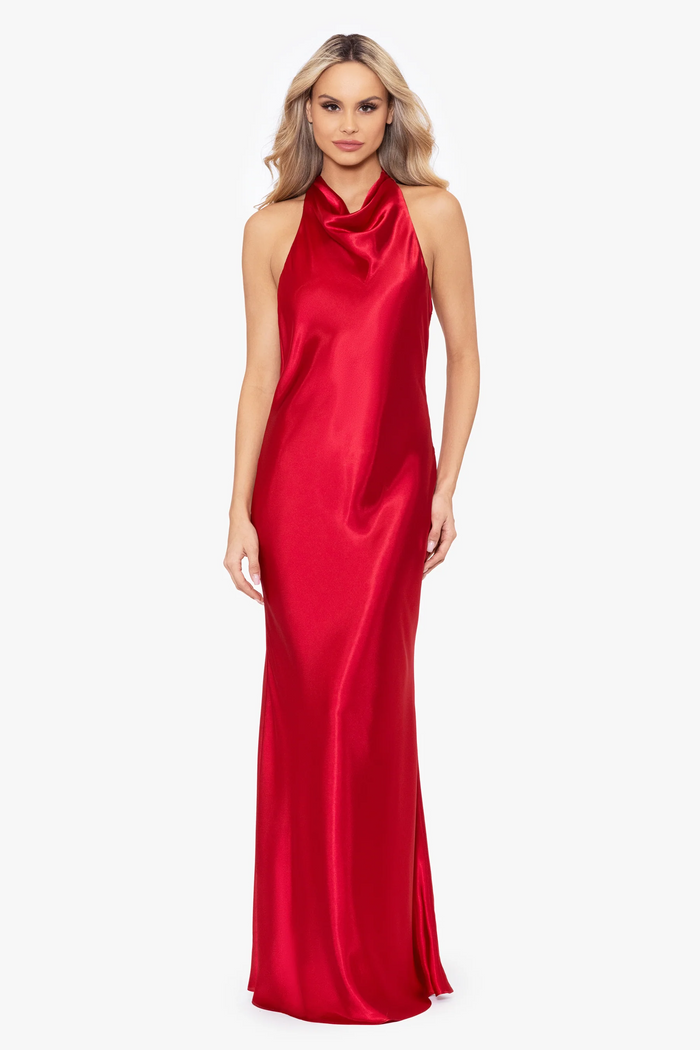 Betsy and Adam "Shannon" Halter Necktie Satin Maxi Dress A26454