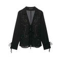 Black Semi-Transparent Lace-Up Rivet Detail Long-Sleeve Blouse