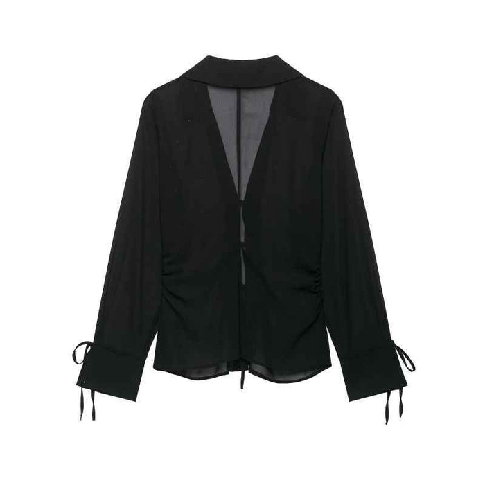 Black Semi-Transparent Lace-Up Rivet Detail Long-Sleeve Blouse