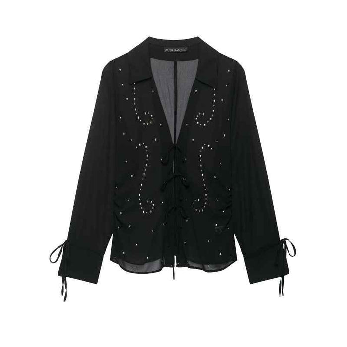 Black Semi-Transparent Lace-Up Rivet Detail Long-Sleeve Blouse