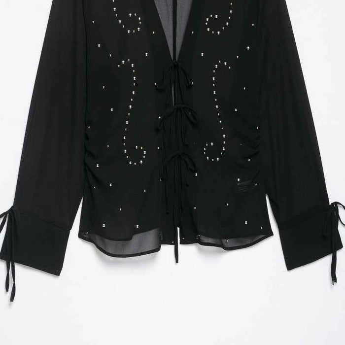 Black Semi-Transparent Lace-Up Rivet Detail Long-Sleeve Blouse