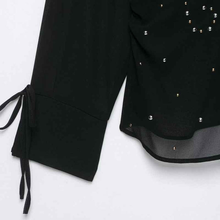 Black Semi-Transparent Lace-Up Rivet Detail Long-Sleeve Blouse