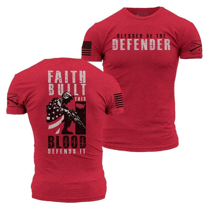 Red t-shirt with 'Blessed of the Defender' text on front and 'Faith Built This Blood Defends It' on back, on a white background.