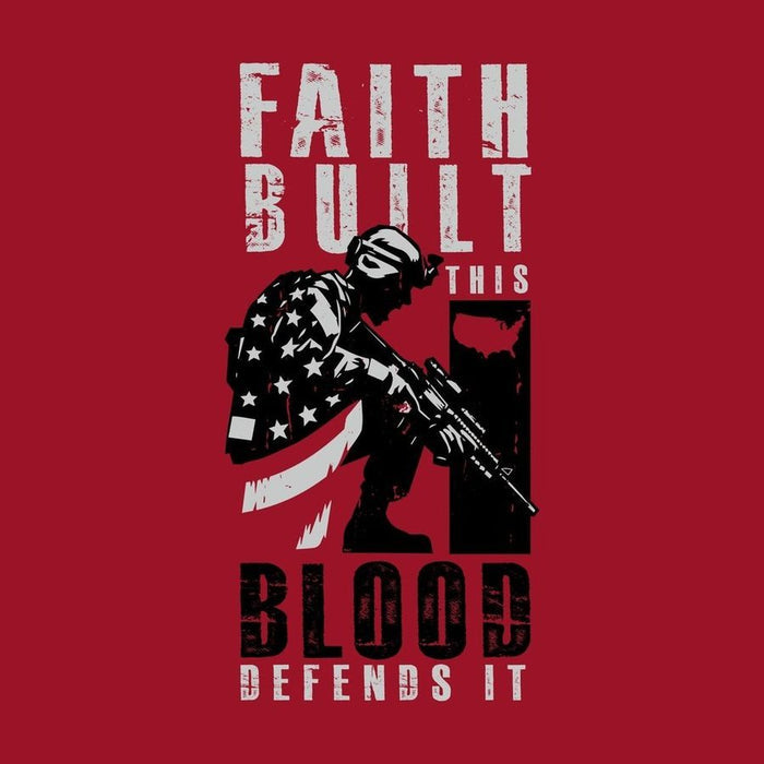 T-shirt design with a silhouette of a person holding an American flag and text on a red background