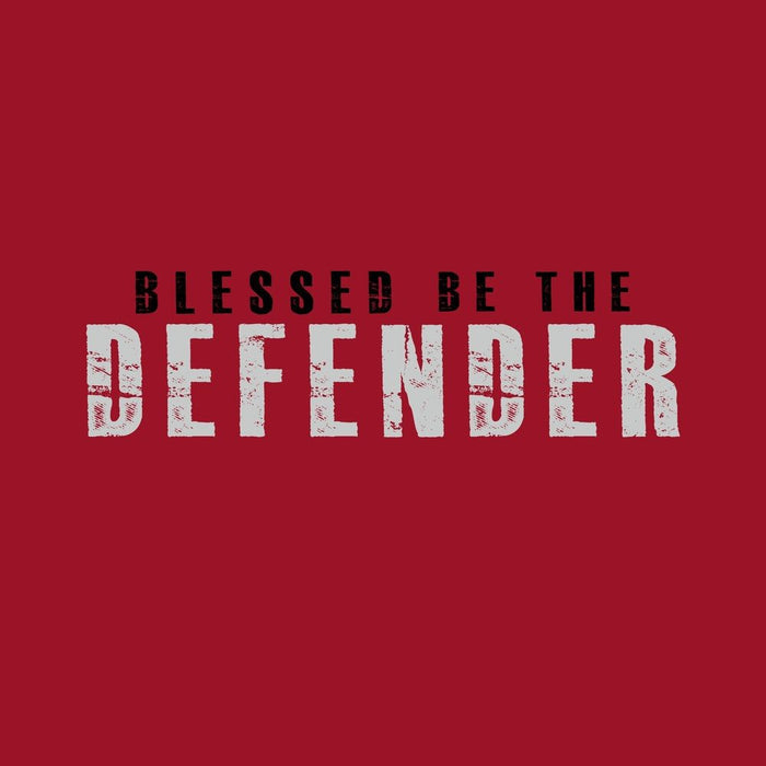 Text 'Blessed be the Defender' on a red background