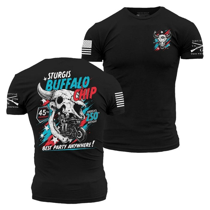 Black short-sleeve graphic T-shirt shown from both front and back on a white background. The front has a small skull-and-crossbones style chest graphic with red, white, and blue details and striped flag motifs on the sleeves.