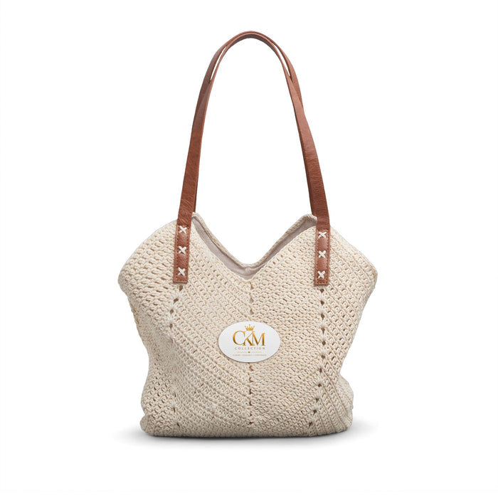 CKM Crown Monogram Woven Straw Shoulder Bag – with Leather Straps