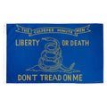 Flag with 'Don't Tread on Me' design and text on a blue background
