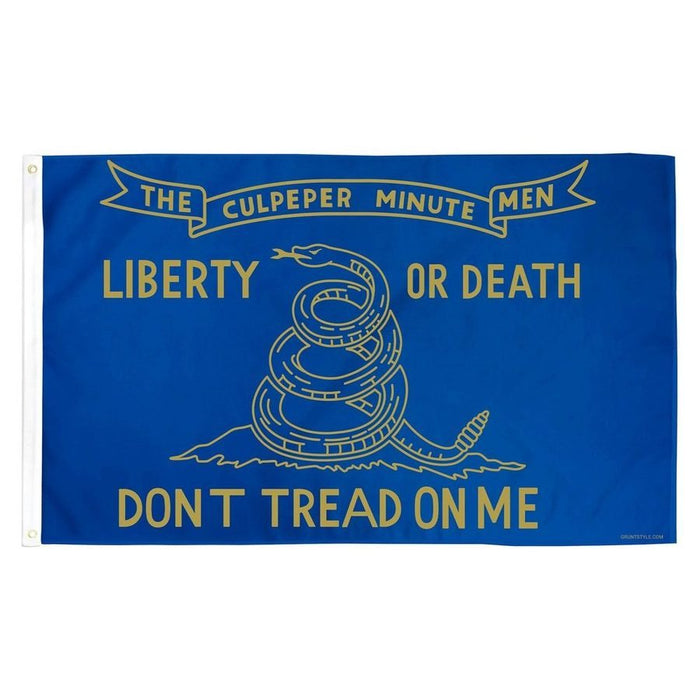 Flag with 'Don't Tread on Me' design and text on a blue background