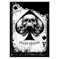 Black and white illustration of a skull within a spade symbol, labeled 'Death Dealer', on a textured background.