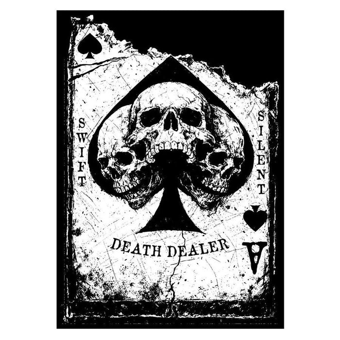 Black and white illustration of a skull within a spade symbol, labeled 'Death Dealer', on a textured background.
