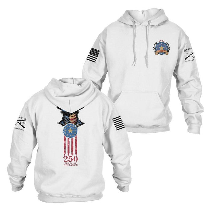 White pullover hoodie shown from the front and back on a plain white background. The front has a drawstring hood, kangaroo pocket, a small chest emblem, and black flag-style stripes on one sleeve.