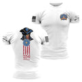 White t-shirt with a graphic design featuring a historical figure and American flag elements on a white background.