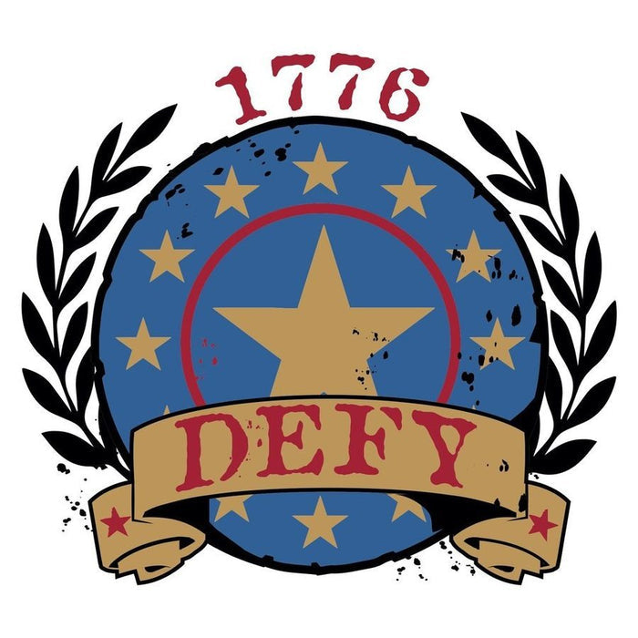 Logo with star, stars, and 'DEFY' text on a blue background