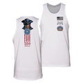 Two white tank tops with patriotic designs on a white background