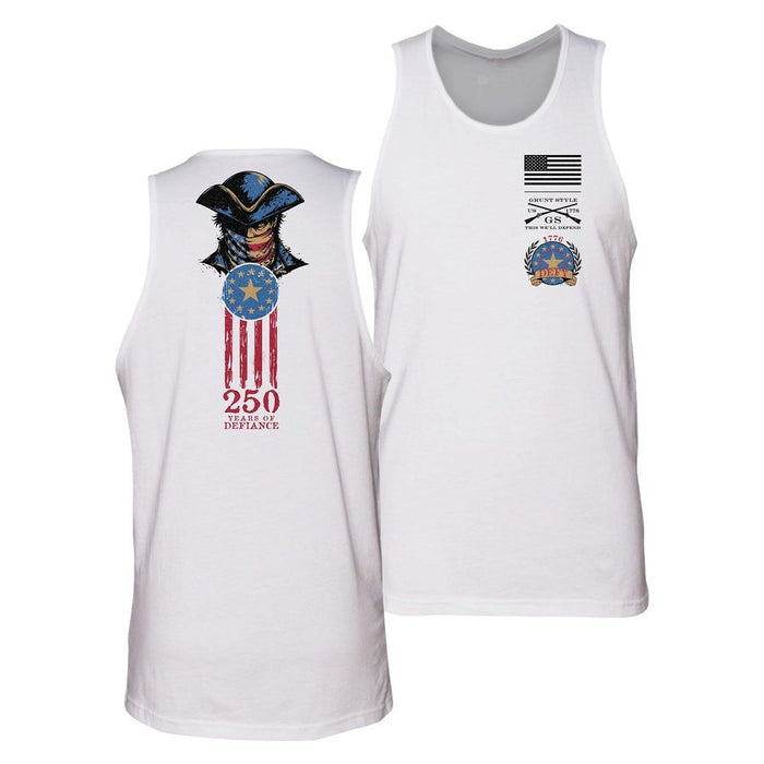 Two white tank tops with patriotic designs on a white background