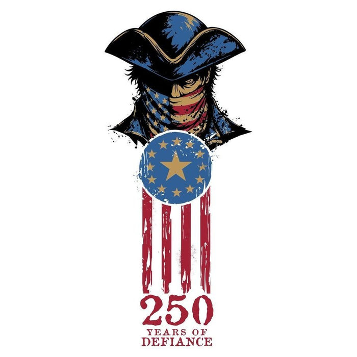 Design with a historical figure, American flag, and '250 Years of Defiance' text on a white background