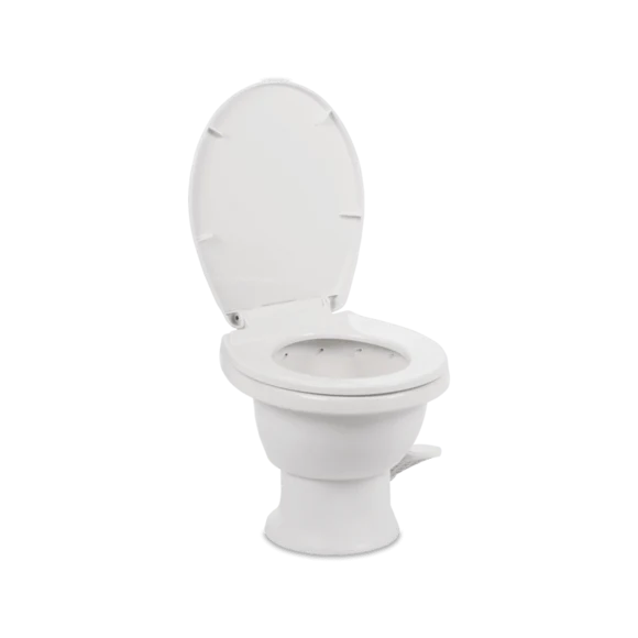 White Dometic 411 RV Toilet 9610008263 - Seat Open Front View Showing Porcelain Bowl | United RV Parts