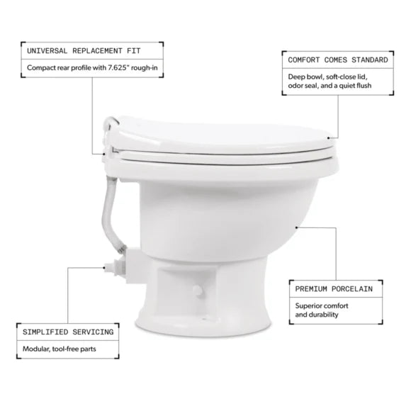 Dometic 411 RV Toilet 9610008263 Feature Callout - 7.625in Rough-In Porcelain Gravity Flush | United RV Parts