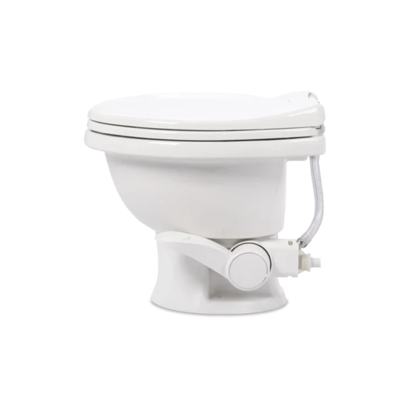 White Dometic 411 Low Profile RV Toilet - Side Profile Showing Foot Pedal and Water Supply | United RV Parts