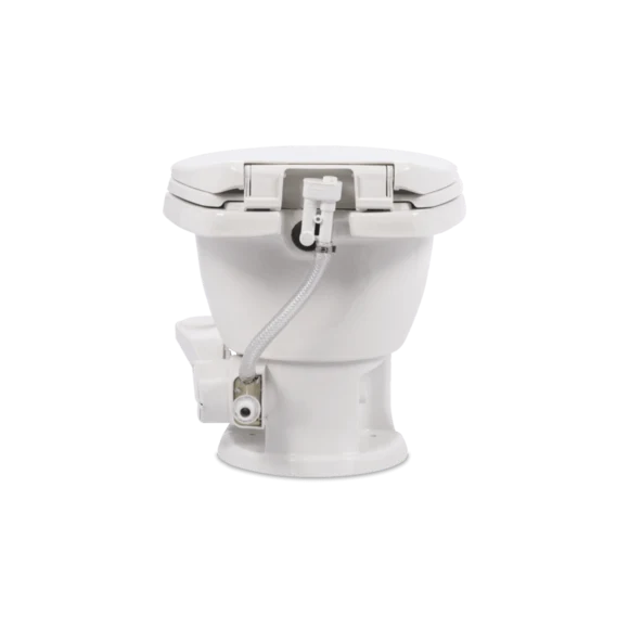 White Dometic 411 RV Toilet - Rear View Showing Water Valve and Flush Mechanism Detail | United RV Parts