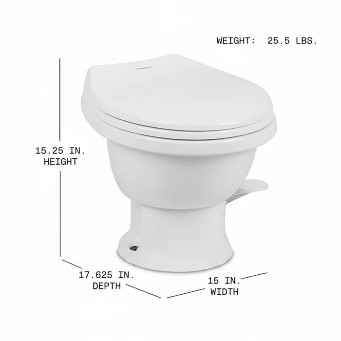 White Dometic 411 RV Toilet 9610008263 - Dimensions Diagram 15.25in H x 17.625in D x 15in W | United RV Parts