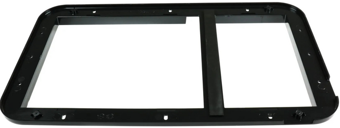 Black Dometic RV Furnace Door Frame - Angled View with Foam Seal Strip and Mounting Hardware | United RV Parts