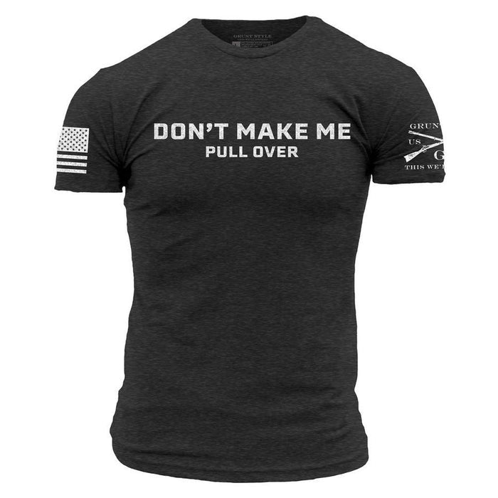 Black t-shirt with 'Don't Make Me Pullover' logo and sleeve designs on a white background