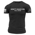 Black t-shirt with 'Don't Make Me Pullover' logo and sleeve designs on a white background