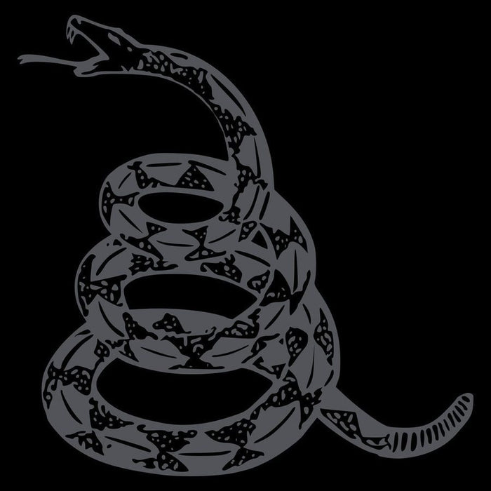 Black and white illustration of a coiled snake with a pattern on a black background
