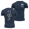 Navy blue t-shirt with anchor design on front and 'Size Matters' text on back, displayed on a white background.