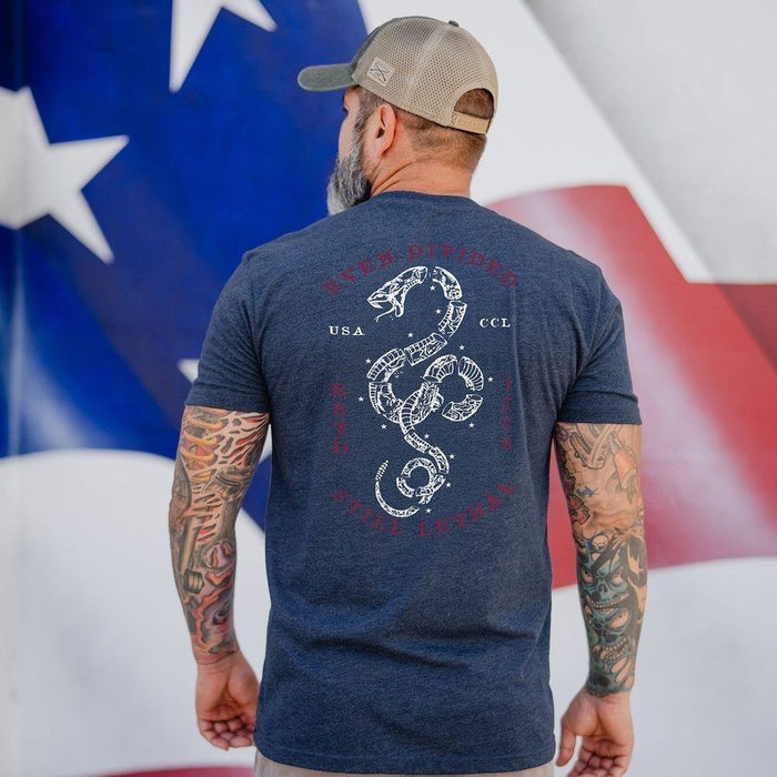 Man wearing a blue t-shirt with a snake design and text, standing in front of an American flag.