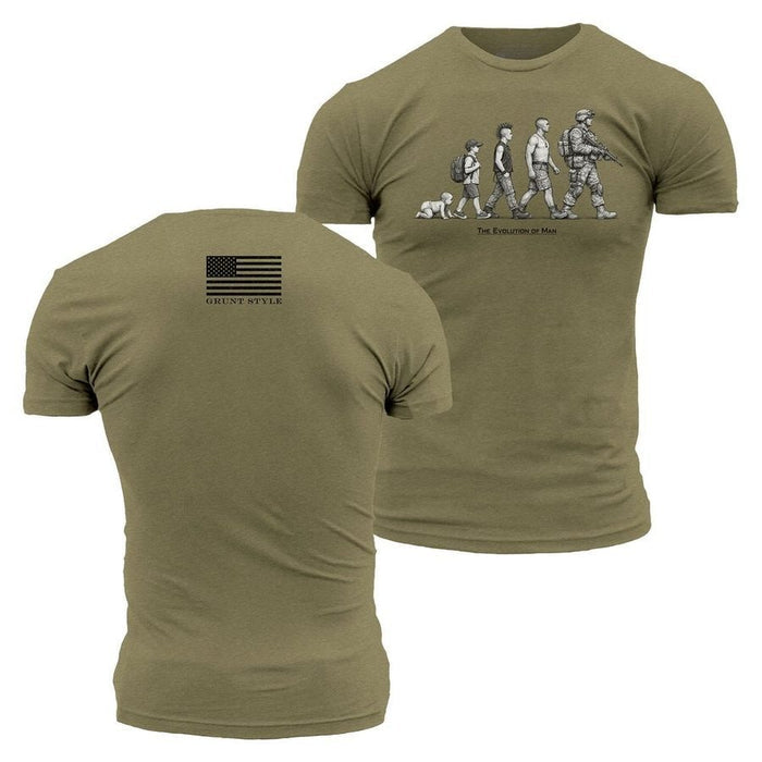 Olive green t-shirt with graphic design on front and American flag on back, on a white background