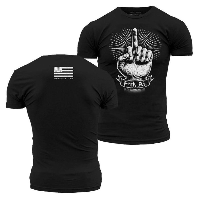 Black t-shirt with graphic design on front and back, featuring an American flag and text.