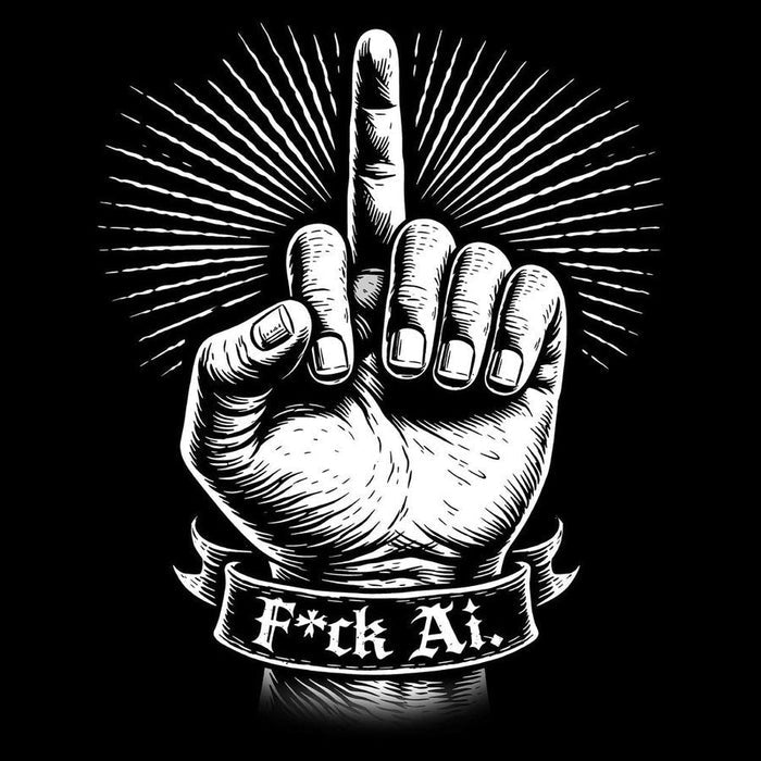 Black and white illustration of a hand giving the middle finger with 'F*ck Ai.' tattoo on a black background