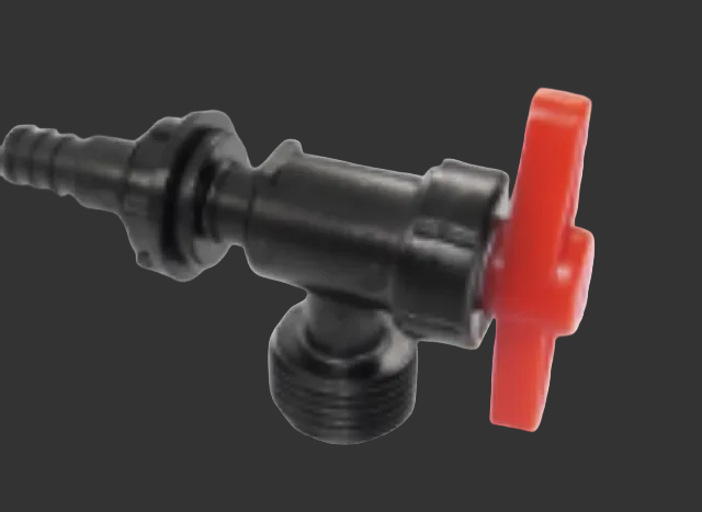 Black Plastic Flair-It EcoPoly RV Plumbing Valve Red Handle Close-Up - Side Detail | United RV Parts