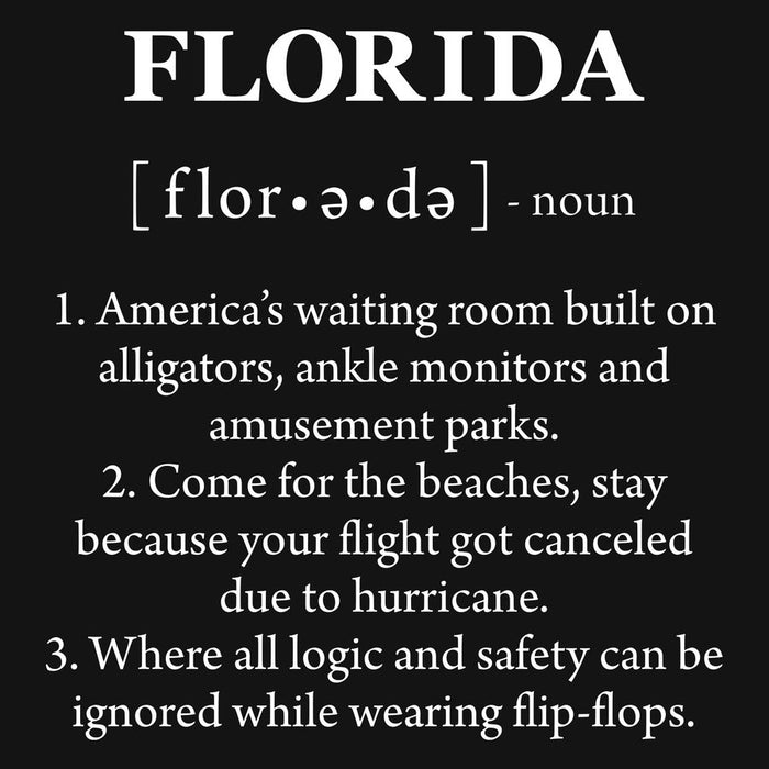 A black square graphic with white text reading 'FLORIDA' and a dictionary-style definition listing three humorous meanings for Florida.