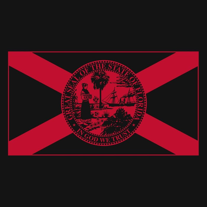 A rectangular red and black flag design featuring a large red diagonal cross over a black field, with the Great Seal of the State of Florida centered. No person, animal, or real environment is present, so this is Product/Packaging rather than Lifestyle.