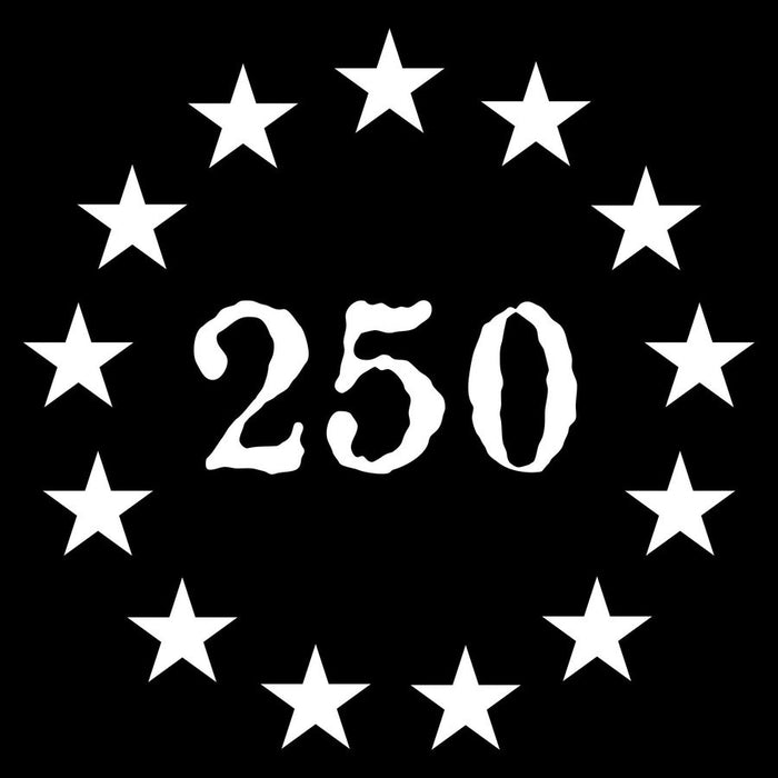White number '250' surrounded by white stars on a black background
