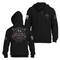Black zip-up hoodie shown from the front and back on a white background. The front features a front zipper, drawstring hood, kangaroo pockets, a small circular chest graphic, and flag-style sleeve prints.