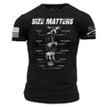 A black short-sleeve t-shirt with a white graphic print showing the progression of military aircraft sizes, topped with the text 'SIZE MATTERS'. The left sleeve features a distressed American flag graphic, and the right sleeve has text reading 'GRUNT US THIN WE'.