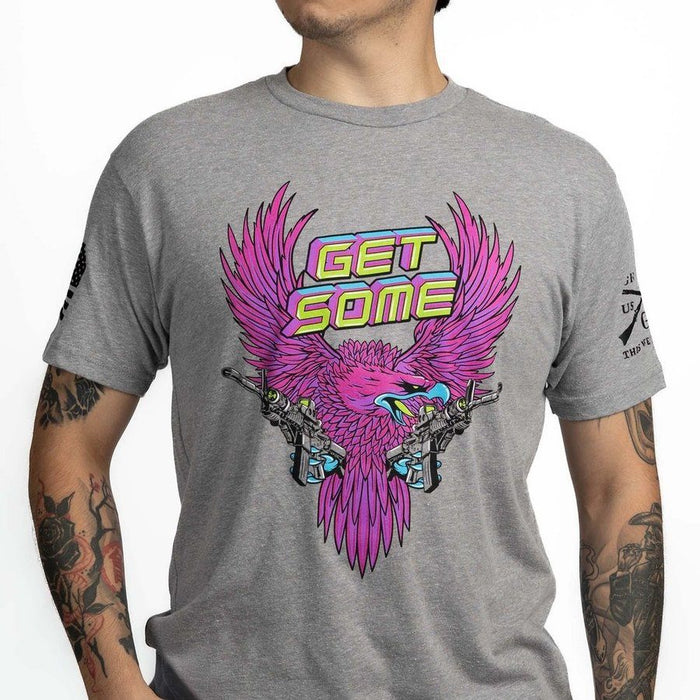 Gray t-shirt with a colorful eagle graphic and 'GET SOME' text on a white background