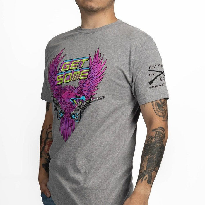 Gray t-shirt with a colorful graphic design featuring a bird and text on a white background.