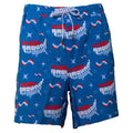 Blue swim shorts with red, white, and blue graphics on a white background