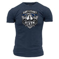 Navy blue t-shirt with 'Save the Planet, Grow a Pear' graphic design on a white background